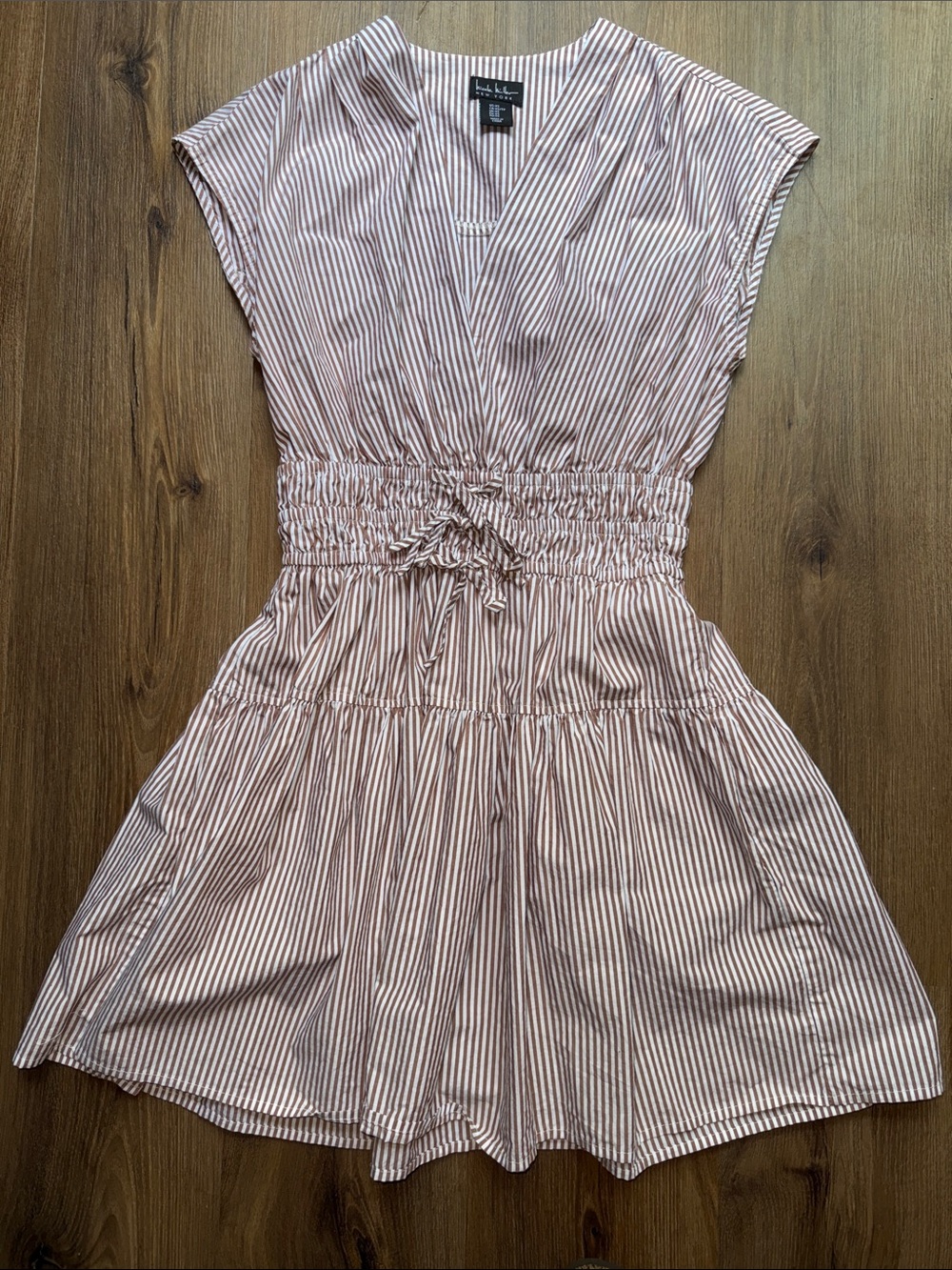 Nicole Miller tan and White Striped Smocked-Waist Casual Dress